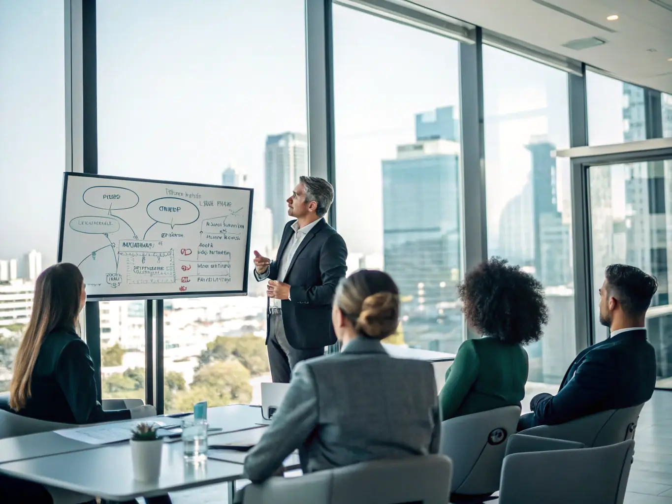 An image of a coach guiding a small business team in a modern office setting, symbolizing leadership development.