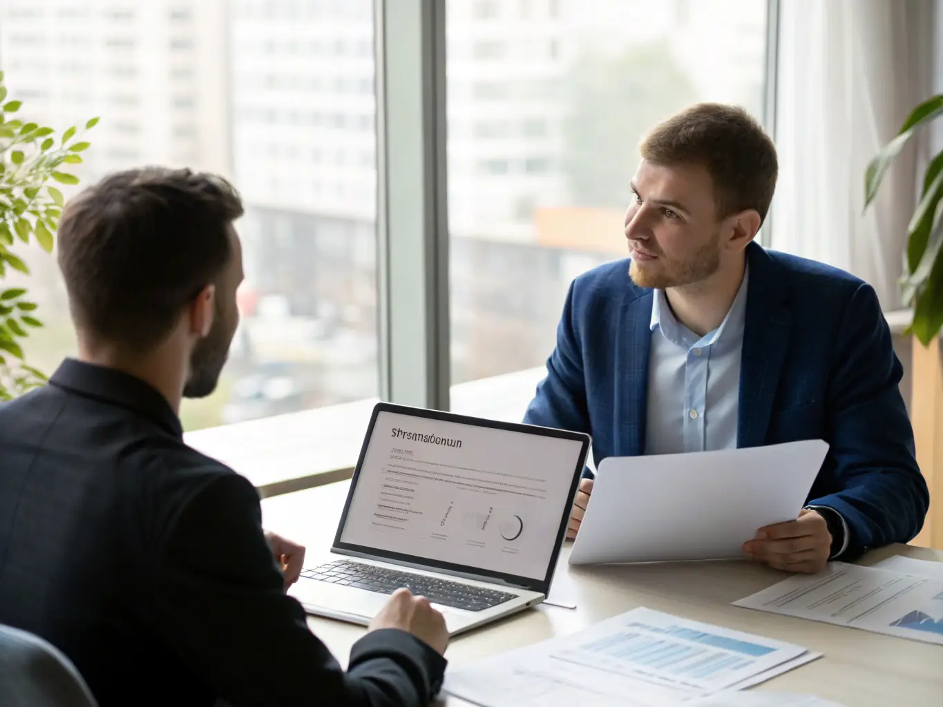 A business coach and SME owner reviewing a strategic plan on a digital tablet in a modern office.