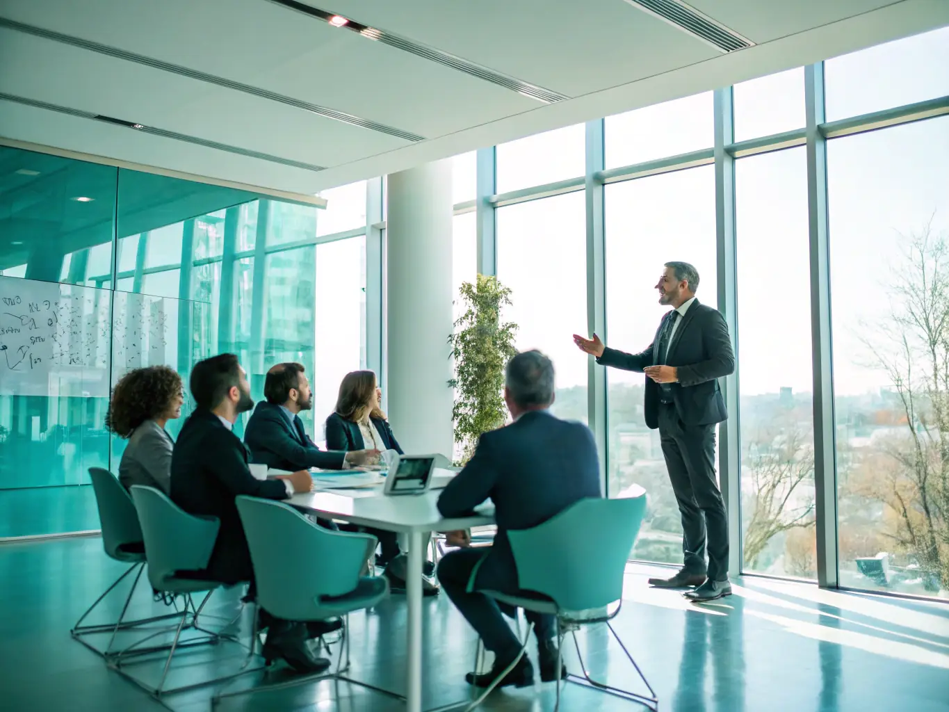 An image showcasing a business leader confidently presenting a strategic plan to their team, emphasizing vision and direction.
