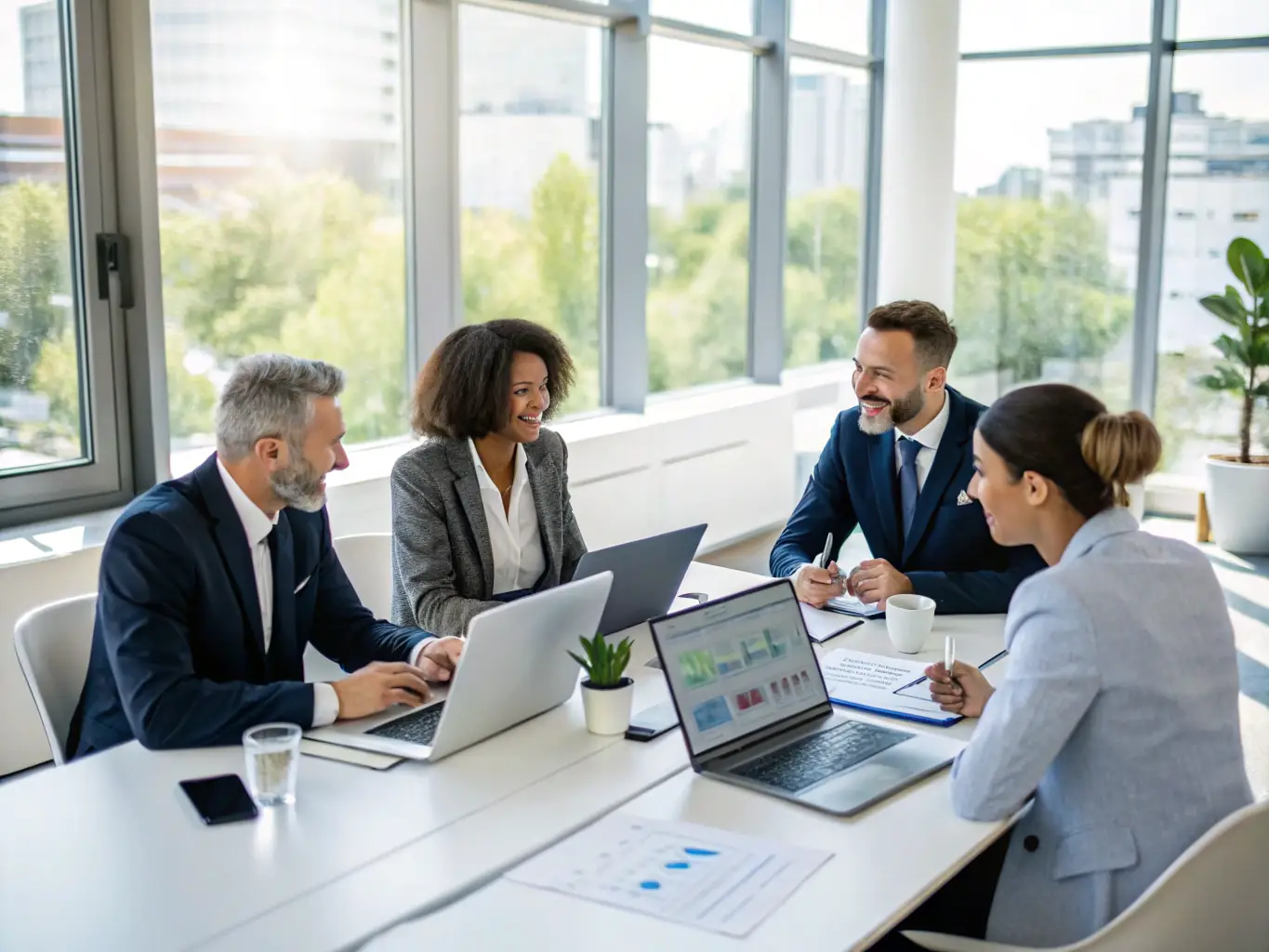 An image depicting a diverse team of professionals collaborating in a modern office setting, symbolizing teamwork and strategic planning.