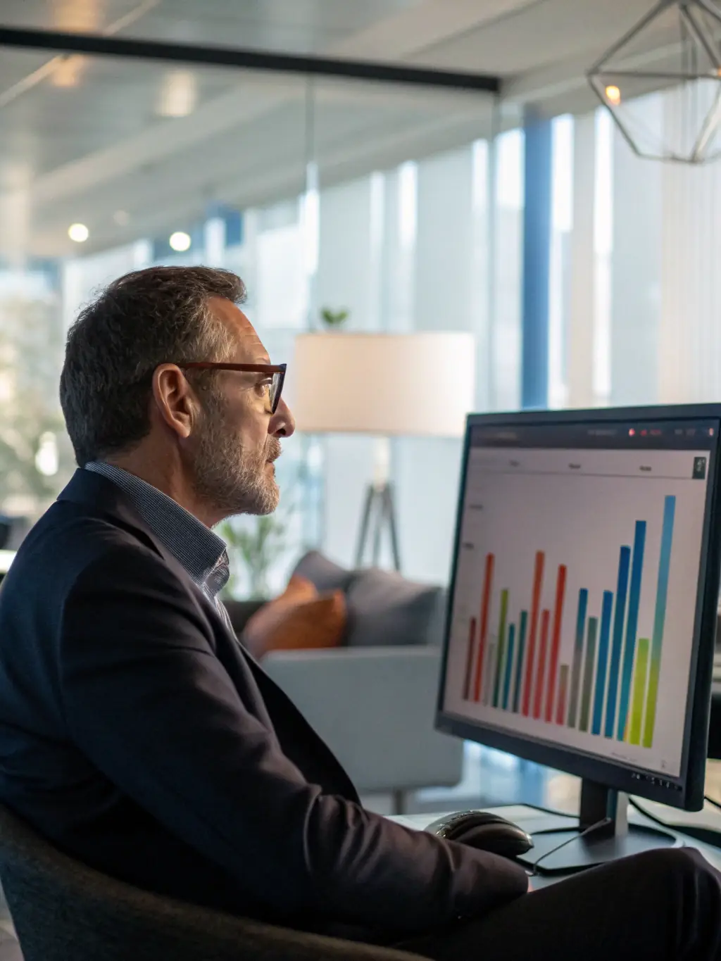 A strategic planning session with a coach guiding a business owner through market analysis and goal setting, emphasizing strategic growth.