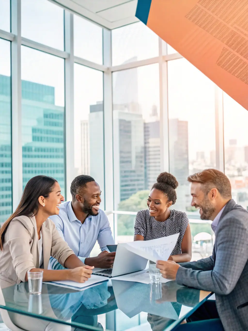 A diverse team of professionals collaborating around a table, brainstorming ideas with sticky notes on a whiteboard, reflecting a team-building workshop session.